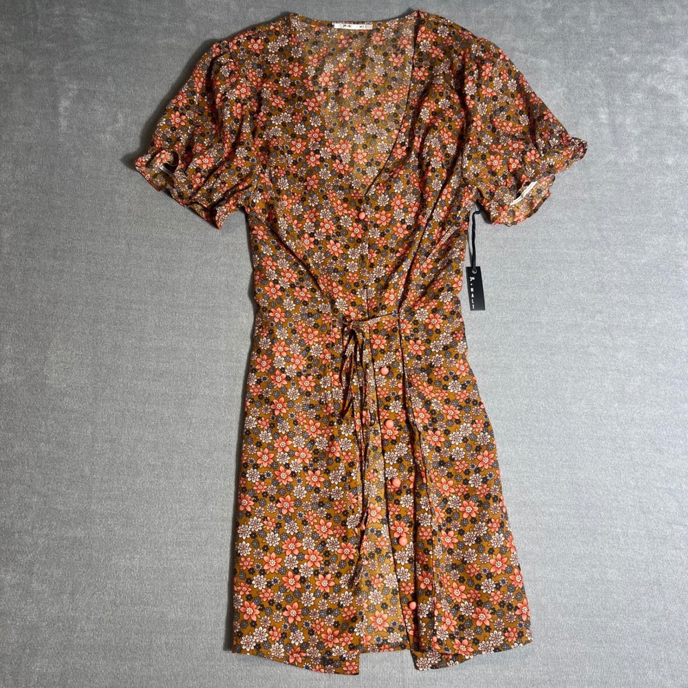 3rd + Malt Floral V-Neck Mini Dress XL Orange Blue Yellow Button Front NWT